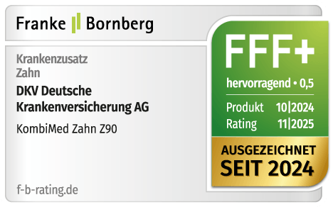 Franke und Bornberg bewertet die DKV KombiMed Zahnzusatzversicherung Z90 mit der Traumnote FFF+ hervorragend.