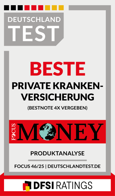 Testsiegel: Das Wirtschaftsmagazin Focus Money hat zusammen mit dem Deutschen Finanz-Service-Institut (DFSI) ERGO den Titel „Beste private Krankenversicherung" verliehen.