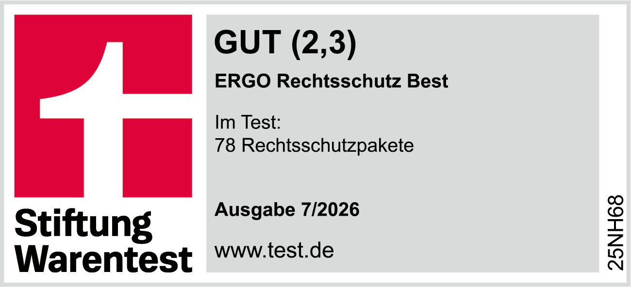 Testsiegel: Stiftung Warentest zeichnet die ERGO Rechtsschutzversicherung Best mit der Note Gut aus.