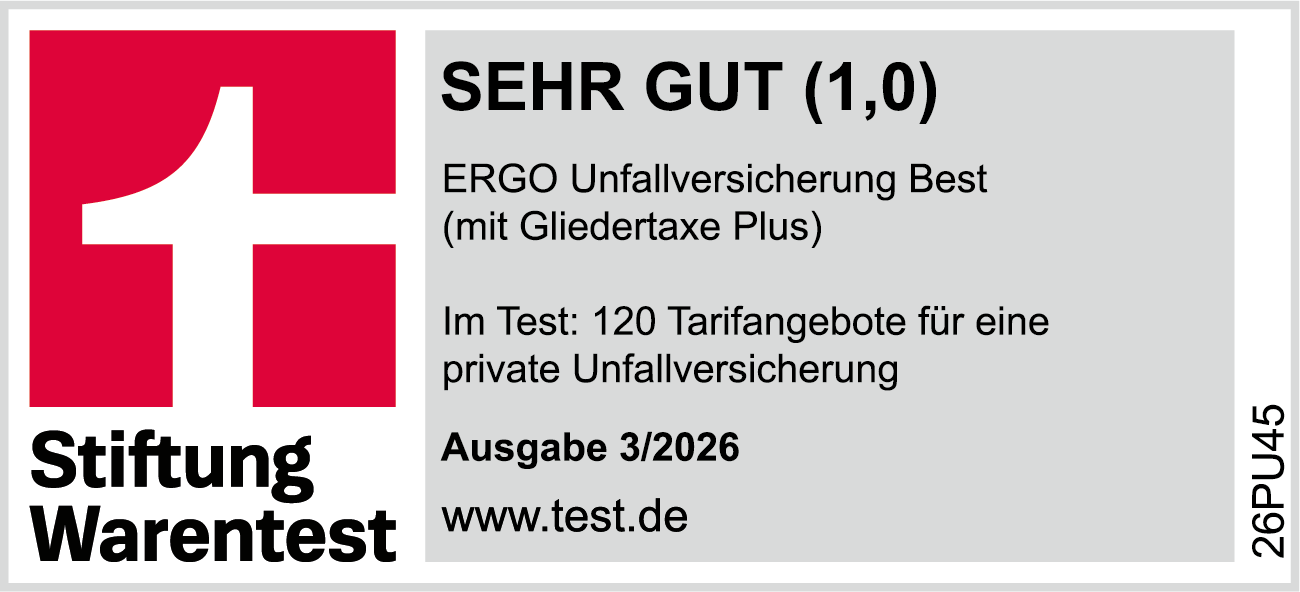 Testsiegel: Stiftung Warentest zeichnet die ERGO Unfallversicherung Best mit der Note sehr gut aus.