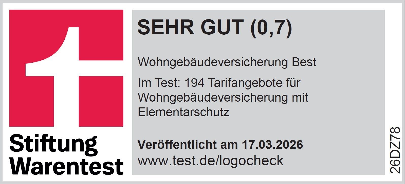 Testsiegel: Im Vergleich mit 194 Tarifangeboten für eine Wohngebäudeversicherung mit Elementarschutz hat die „ERGO Wohngebäudeversicherung - Best“ mit einem Sehr Gut (0,7) abgeschnitten und gehört damit zu den „Top Angeboten“.