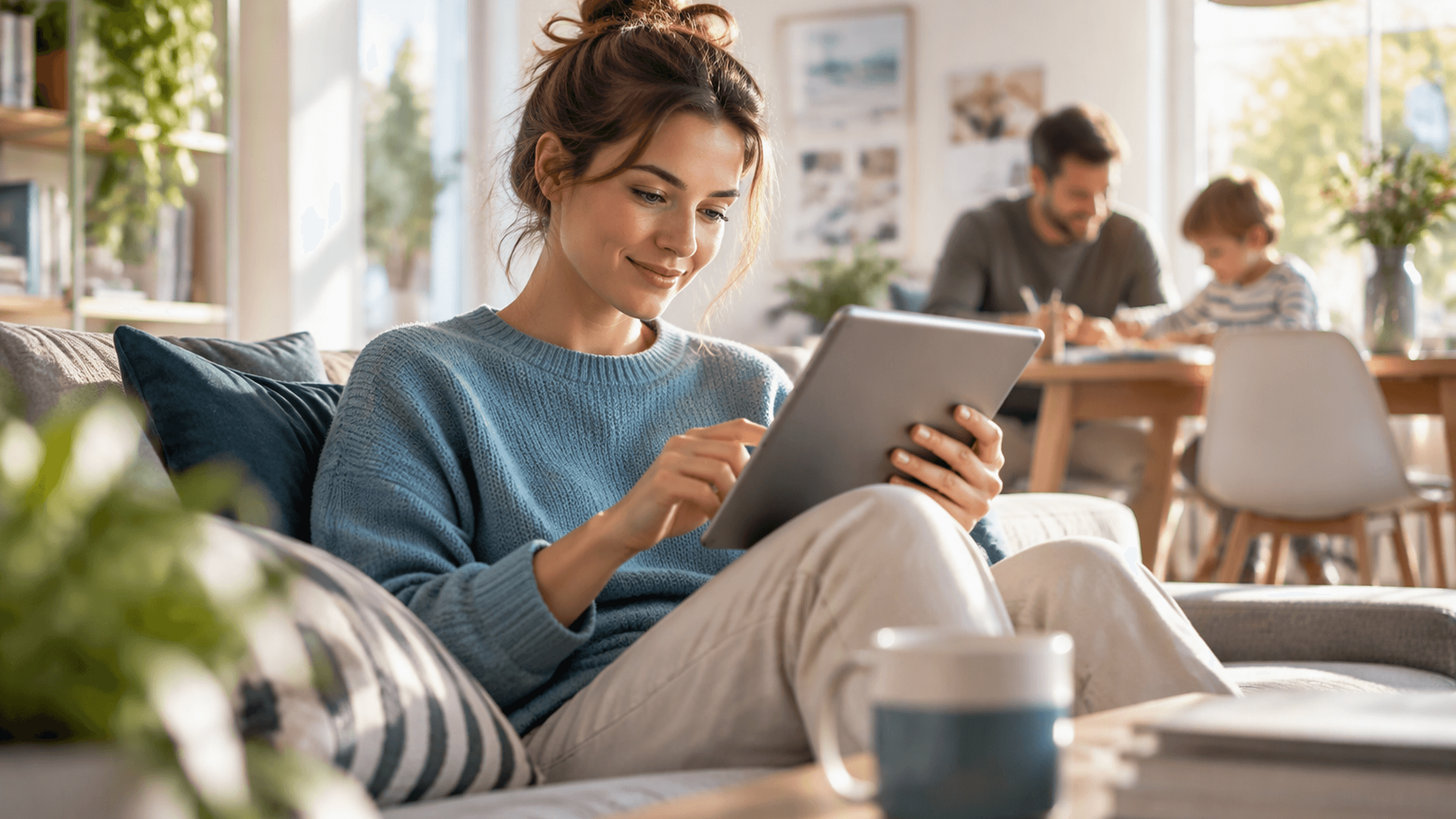 Eine Person informiert sich zu Hause auf einem Tablet, im Hintergrund sitzen ein Erwachsener und ein Kind am Tisch. (Bild KI-unterstützt generiert)