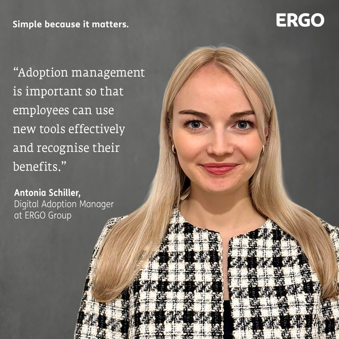 Long-haired blonde young woman in a black and white blazer in front of a grey background with a quote.