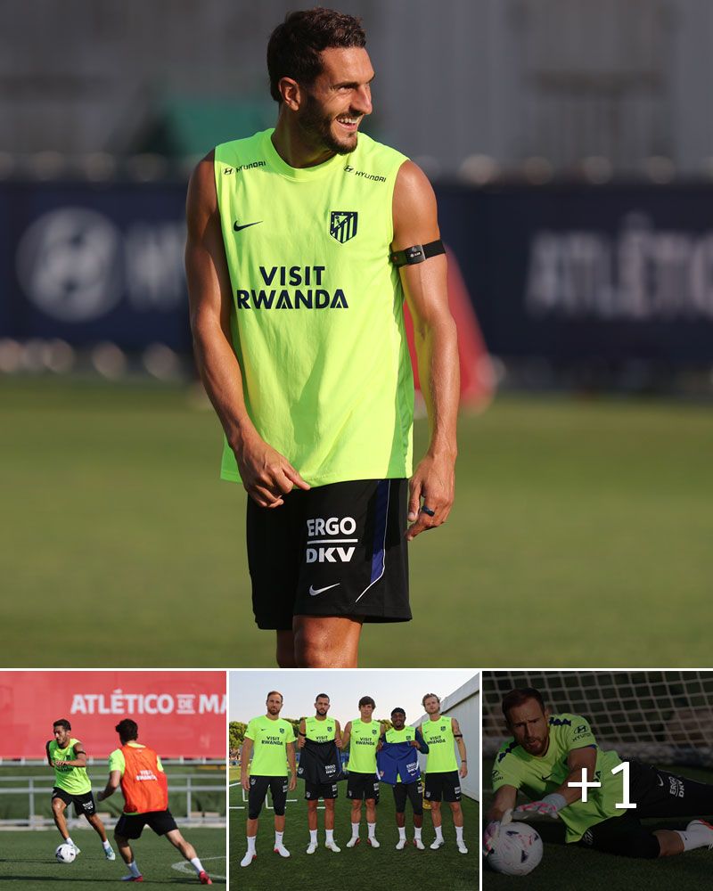 A collage of photos of Atlético de Madrid footballers wearing their new training shorts.