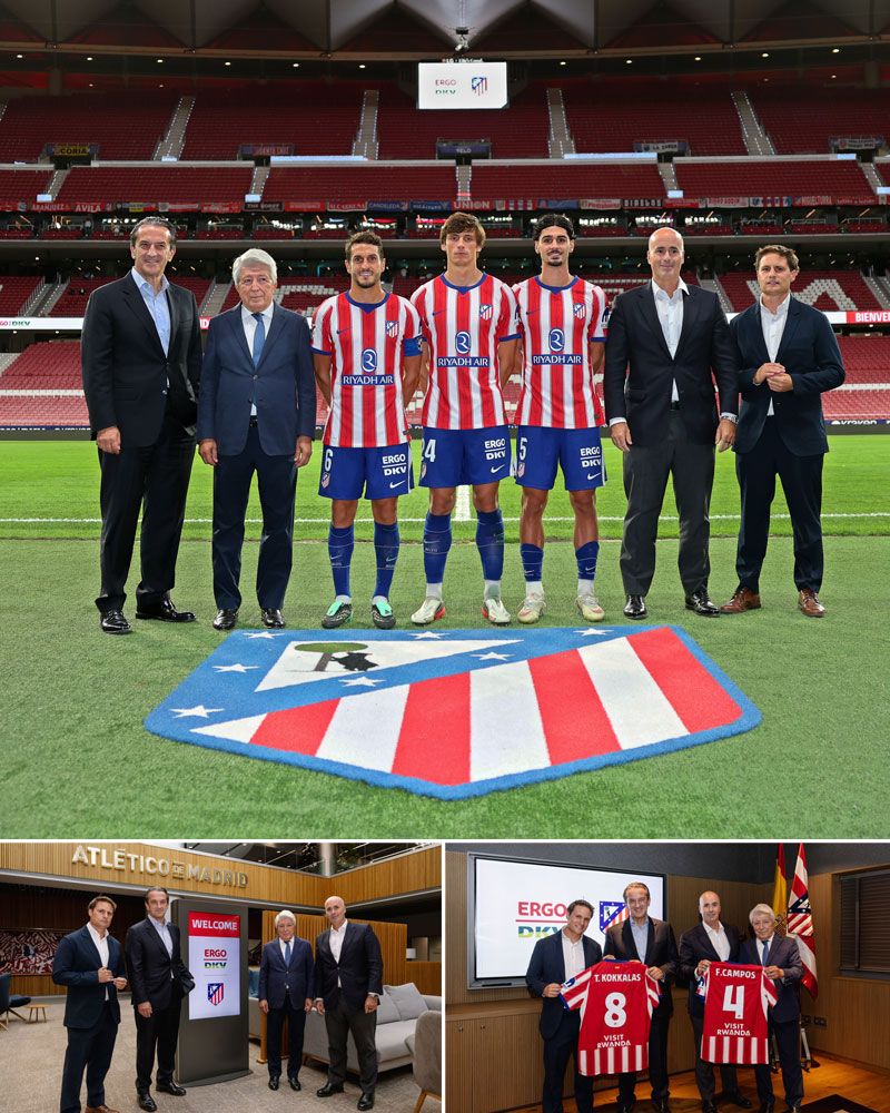 A photo collage featuring three players from Atlético de Madrid football club in their new kits, alongside the CEOs of Atlético de Madrid, ERGO International and ERGO DKV.