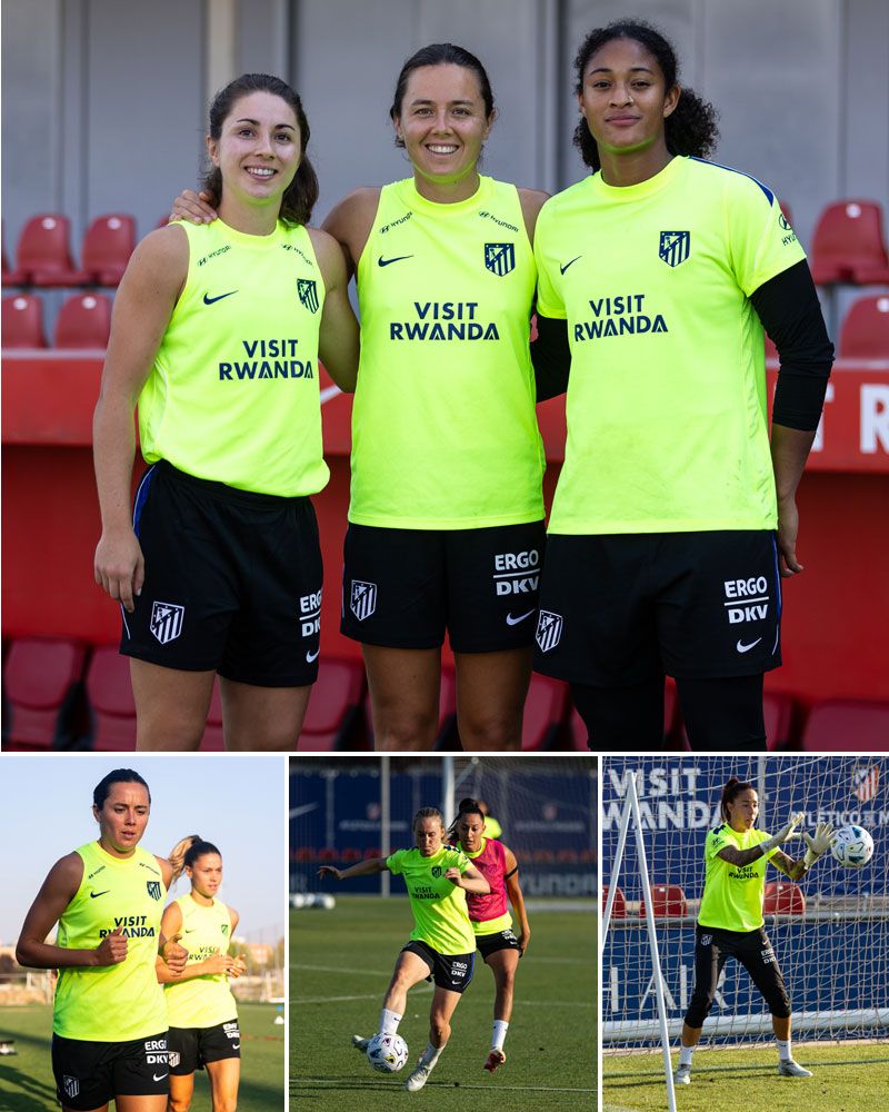 A collage of photos of players from Atlético de Madrid’s women’s team in their training kits.