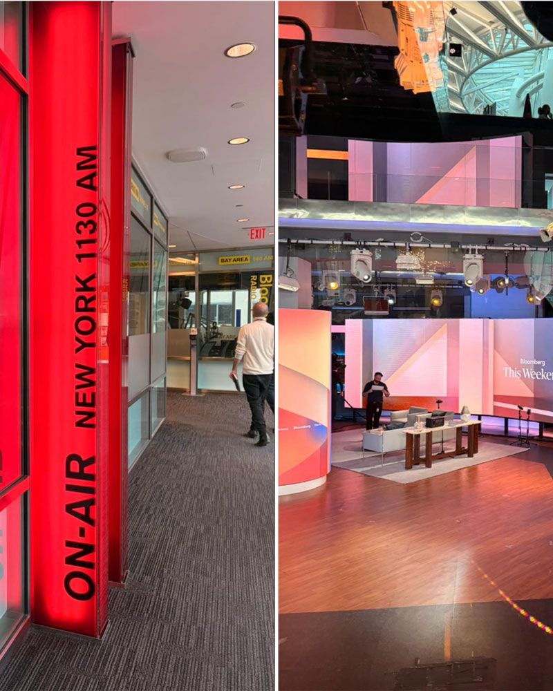 A collage of photos showing the inside and outside of a television studio.