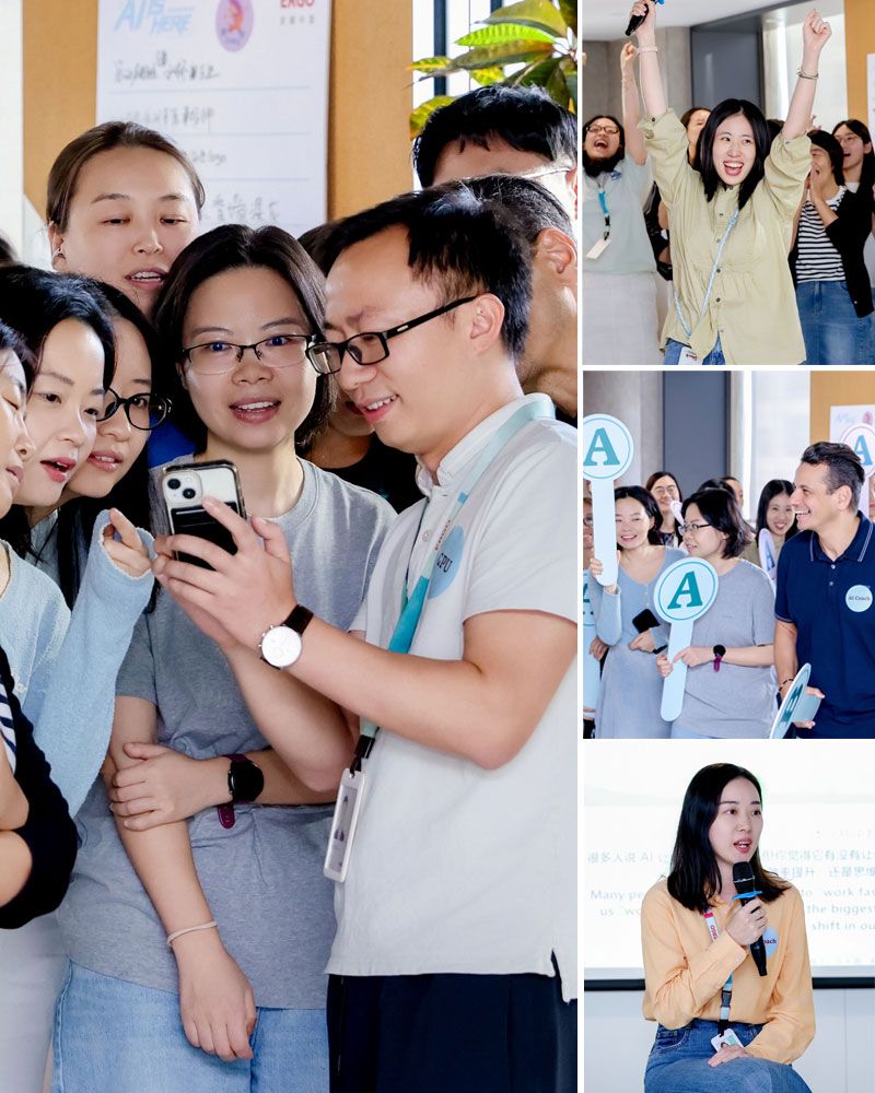 Photo collage featuring pictures from the ERGO Pitch Party at Düsseldorf Start-up Week.A photo collage of the internal employee AI event in Beijing.