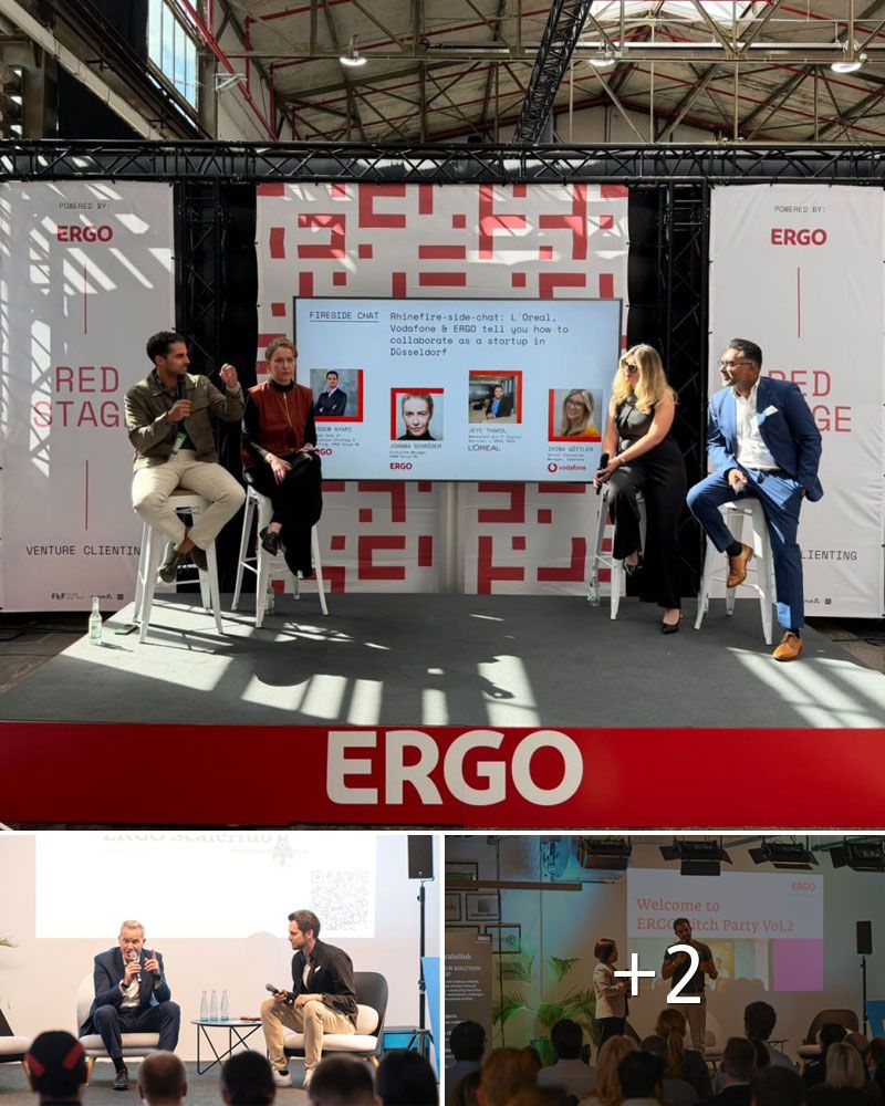 Photo collage featuring pictures from the ERGO Pitch Party at Düsseldorf Start-up Week.
