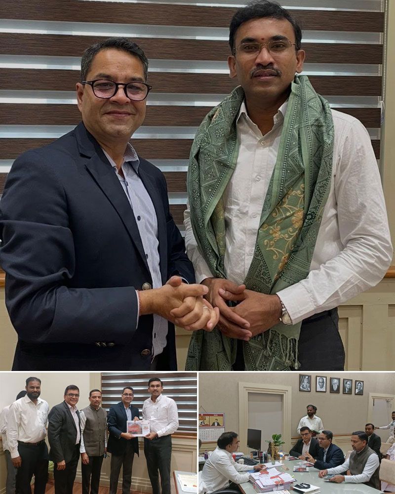 A collage of photographs showing Indian men at a contract signing.