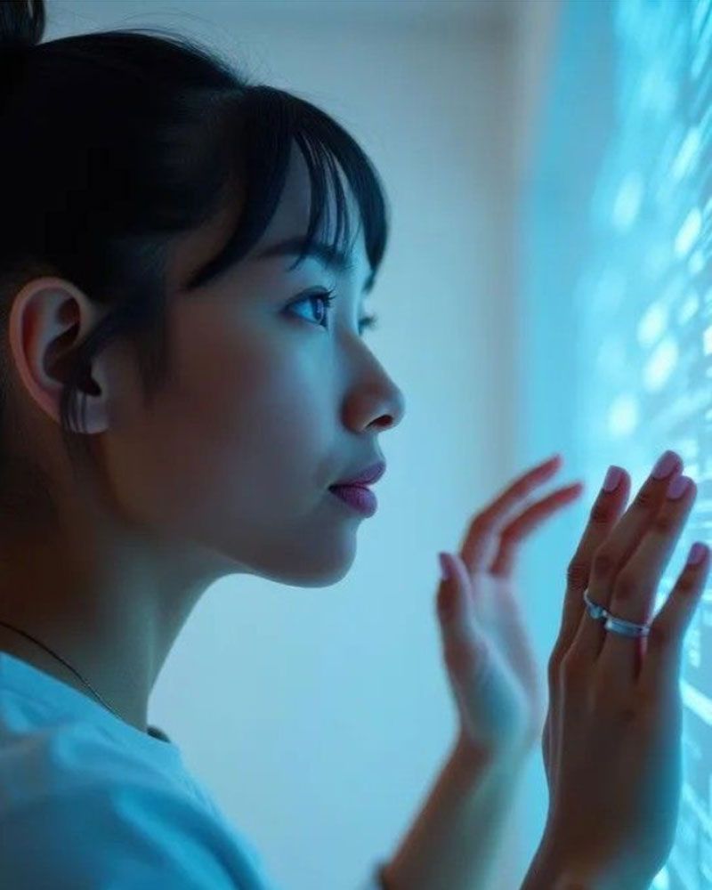 A young woman with dark hair is looking at a bright blue digital projection in profile and is gently touching it with her fingertips.