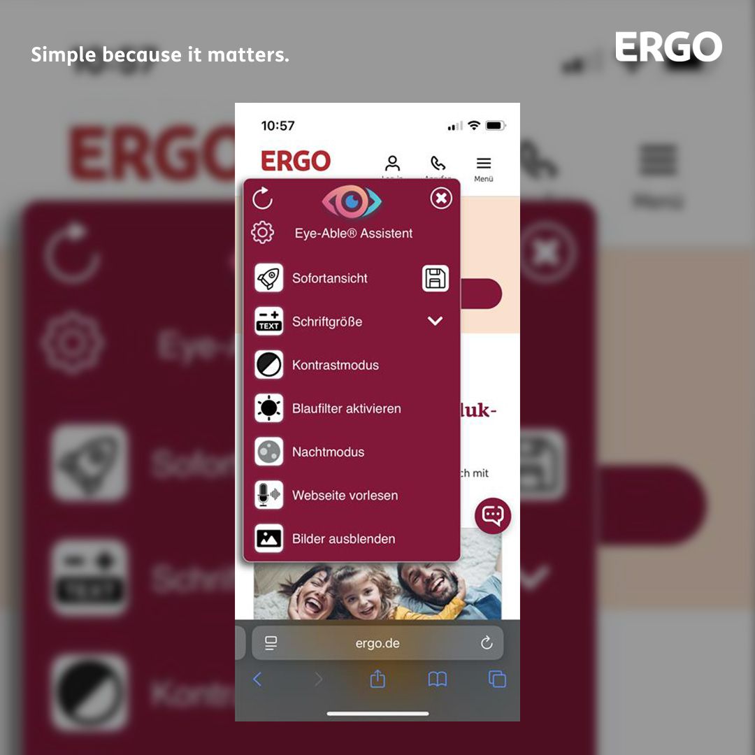 Dieses Beispiel von ERGO.de zeigt, wie einfach es ist, die Barrierefreiheit einer Website mit Eye-Able zu optimieren.