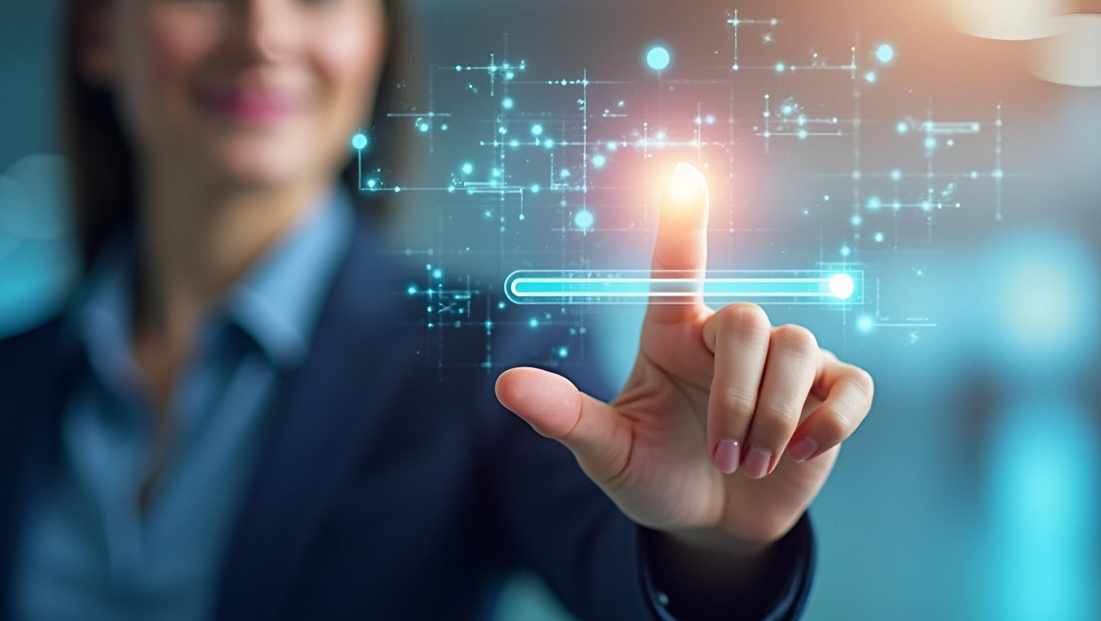 A businesswoman presses a digitized loading bar symbolizing strategic planning and future readiness against a transparent background, presenting opportunities (KI-unterstützt generiert)