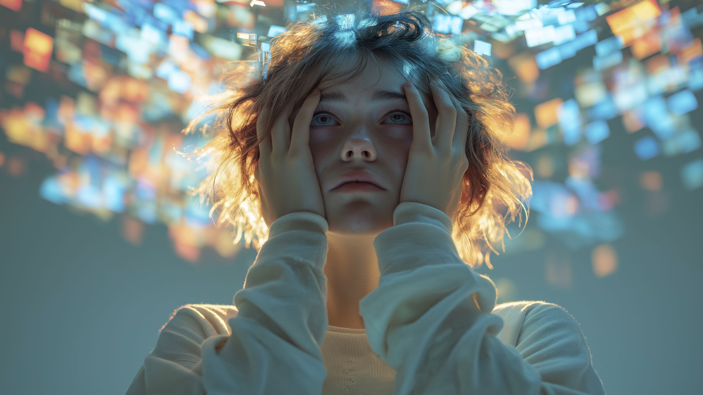 Junge Frau, die Angst vor digital overload hat