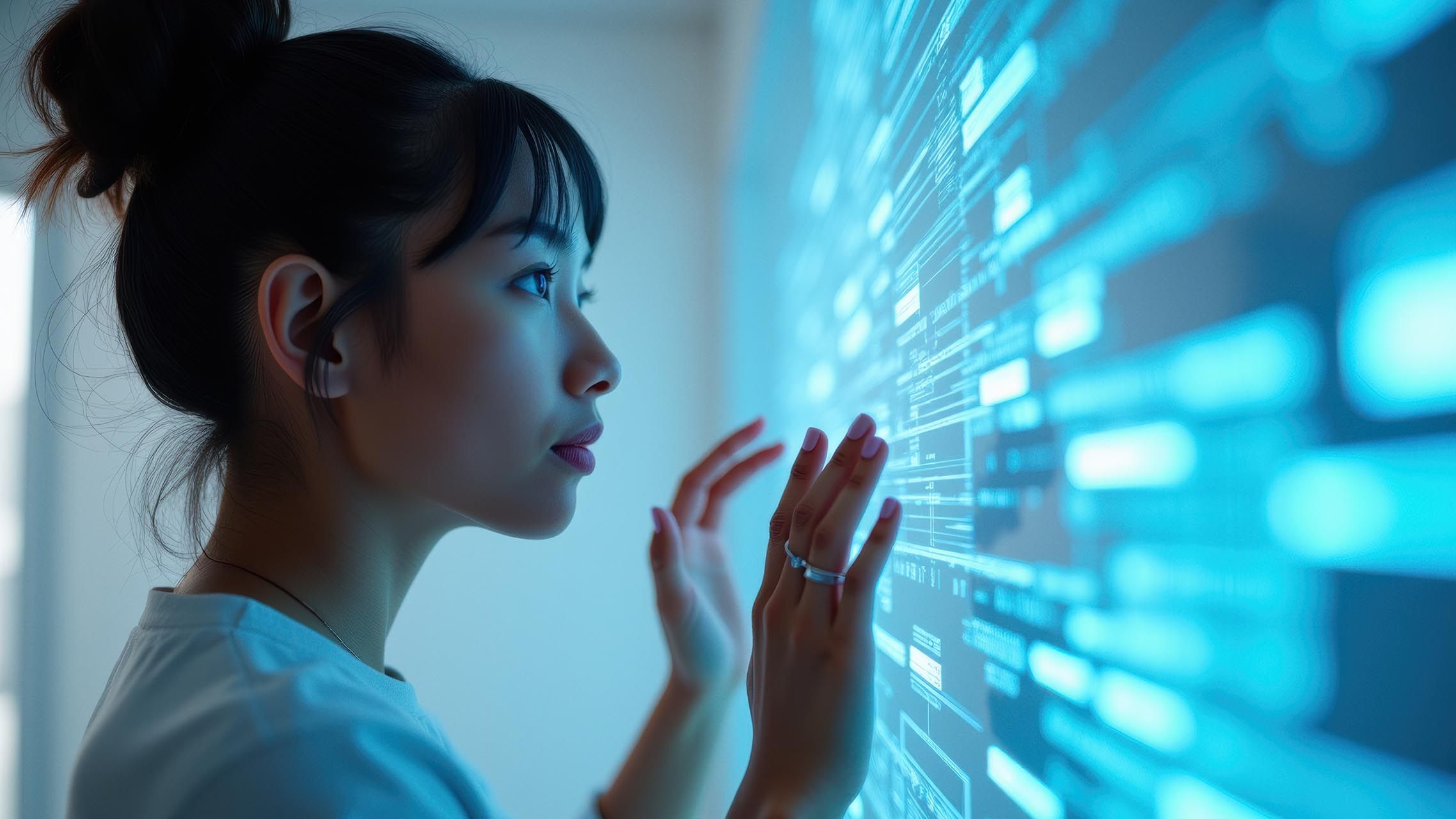 Woman Interacting with Futuristic Digital Screen Display Technology