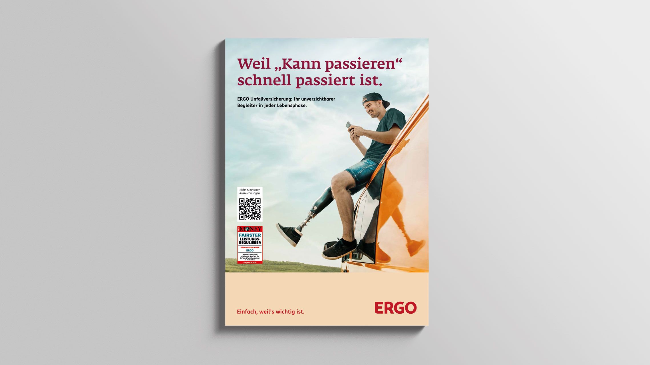 Product brochure for ERGO accident insurance on a light gray background.