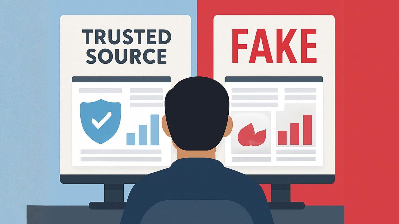 A graphic representation showing how to identify fake news on social media, including useful tips.