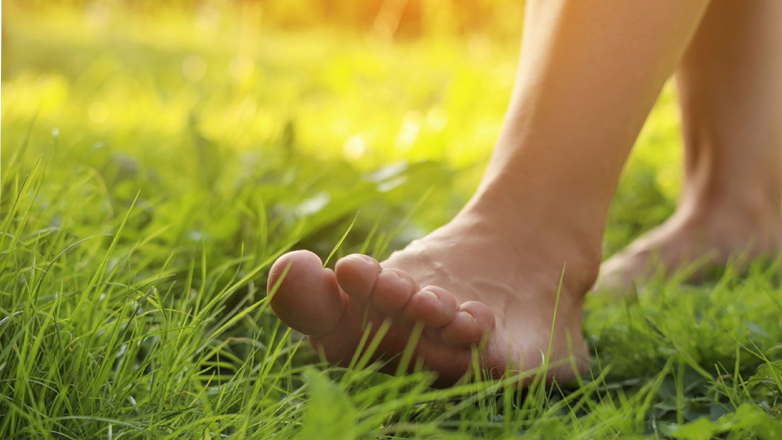 Bare feet stand on green grass in the sunlight