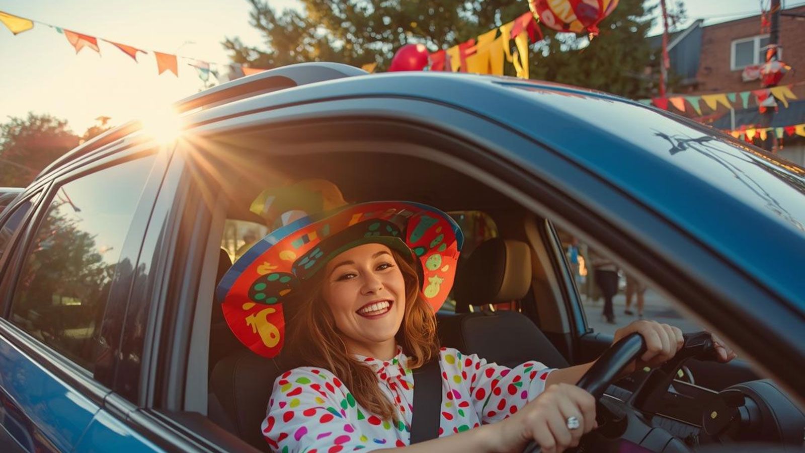 A woman wearing a party hat is driving a car.